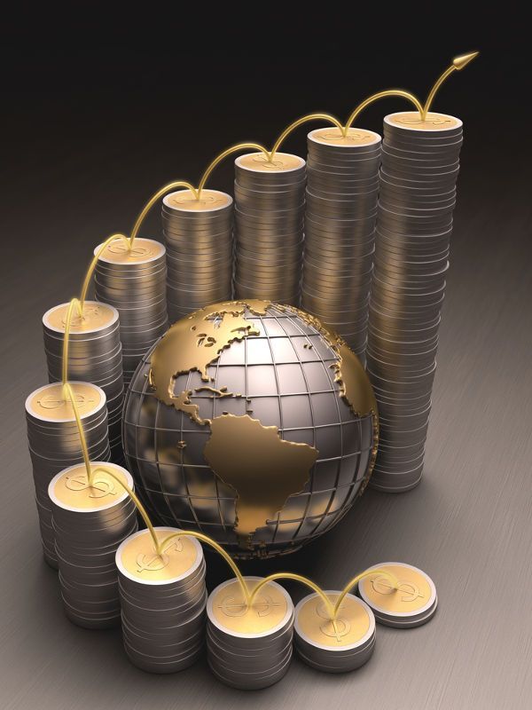 a gold globe surrounded by stacks of coins with one arrow pointing to the other side