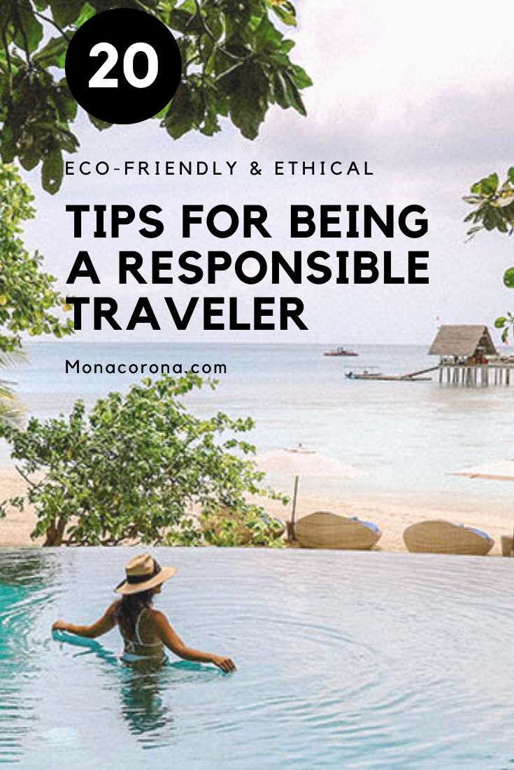 a woman in a pool with the words 20 tips for being a responsible traveler