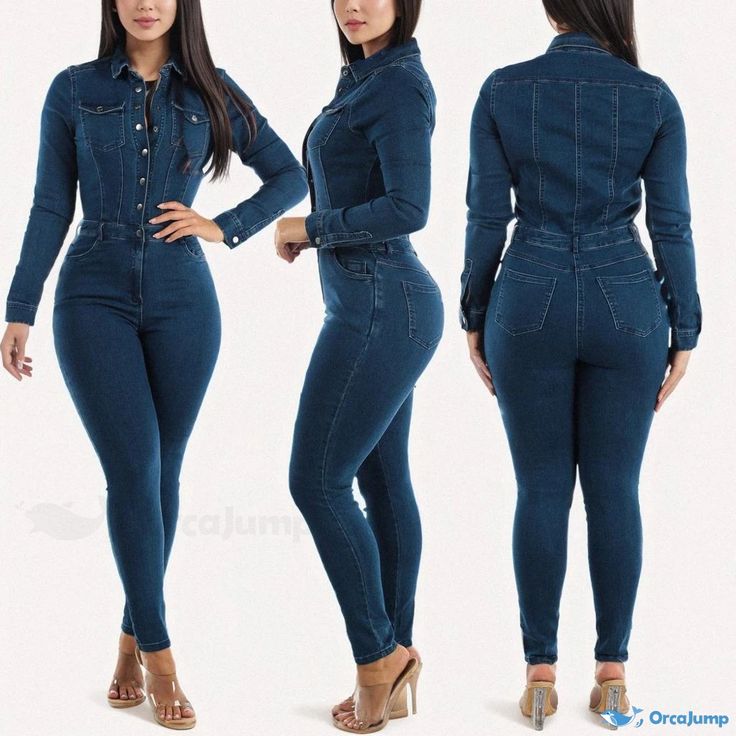 Orcajump - Womens Slim-Fit High-Waisted Denim Jumpsuit with Tapered Legs Casual High Waist Bodysuit, Stretch Denim Blue Jumpsuits And Rompers, High Rise Stretch Denim Jumpsuit, Casual Blue Bodysuit For Fall, Fitted High Waist Casual Bodysuit, Casual High Waist Fitted Bodysuit, Casual Fitted High Waist Bodysuit, Stretch High-waisted Jumpsuits And Rompers With Pockets, Stretch High Waist Jumpsuits And Rompers With Pockets