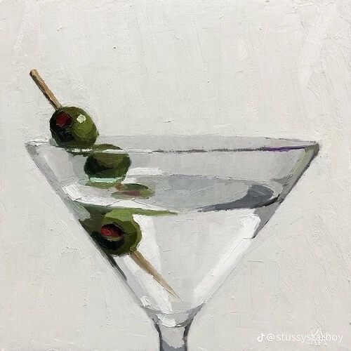 a painting of a martini glass with two olives on the rim and one in the middle