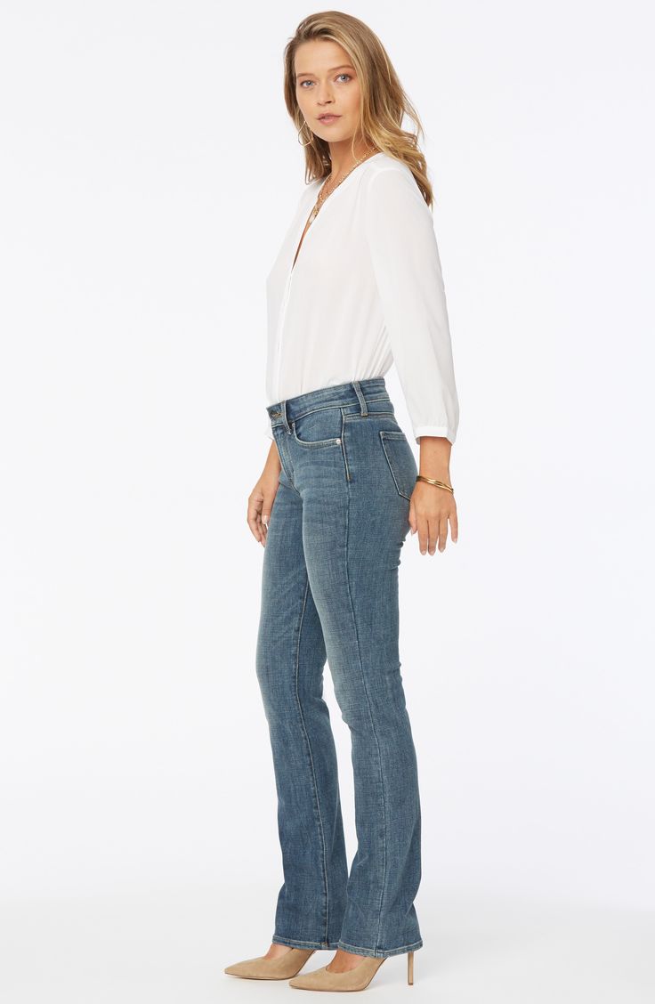 Soft, stretchy straight-leg jeans create a streamlined silhouette and feature exclusive lift-tuck technology to help flatten the tummy and lift the rear. Style Name:Nydj Marilyn Straight Leg Jeans. Style Number: 6167757. Elegant High Rise Relaxed Fit Jeans, Elegant Straight Leg Denim Jeans, Chic Slim Fit Straight Leg Jeans, Elegant Straight Denim Jeans, Elegant Straight Leg Dark Wash Jeans, Fitted Bottoms With Five Pockets And Straight Silhouette, Elegant Straight Leg Spring Jeans, Classic Medium Wash Fitted Pants, Fitted Classic Medium Wash Pants