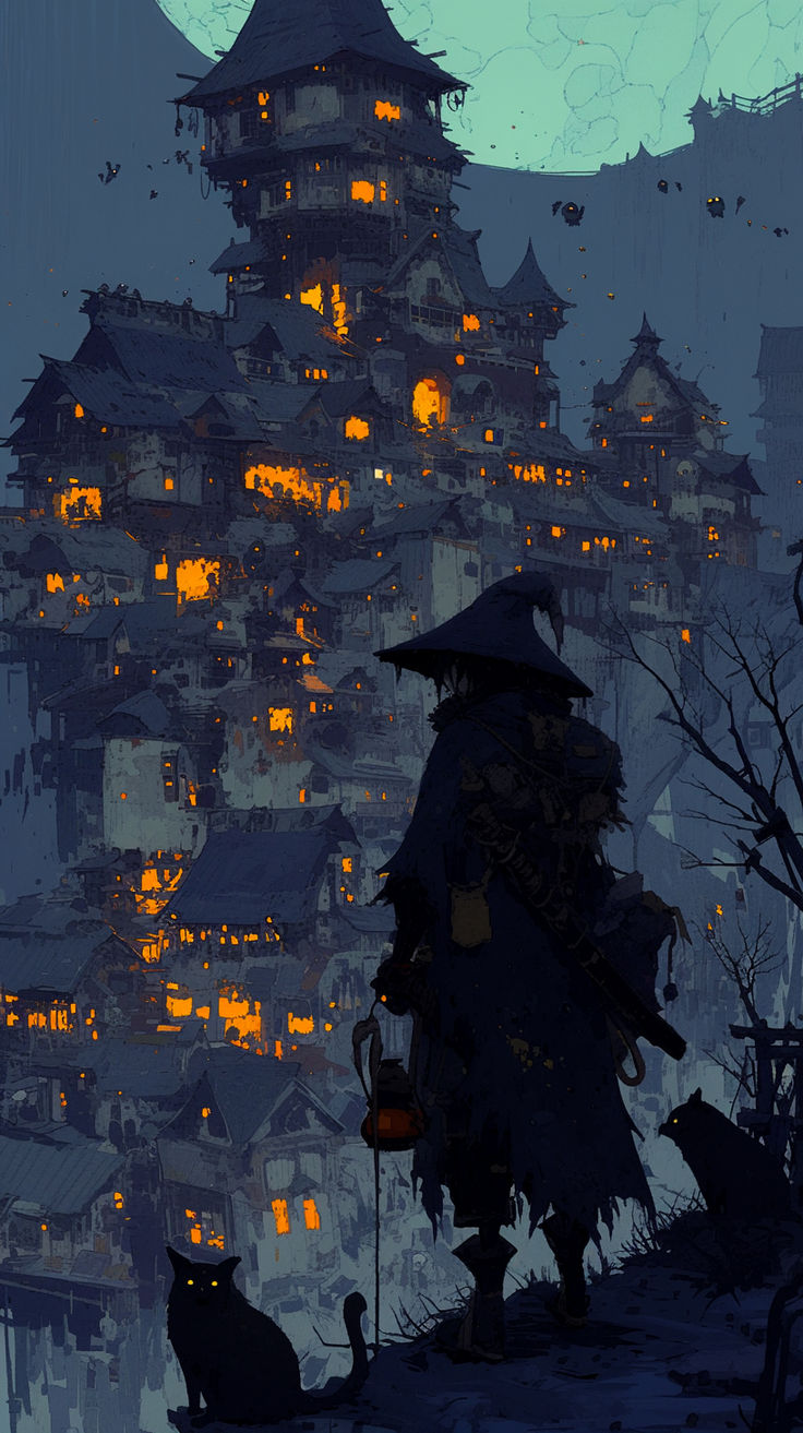 a person with an umbrella standing in front of a castle at night, surrounded by cats