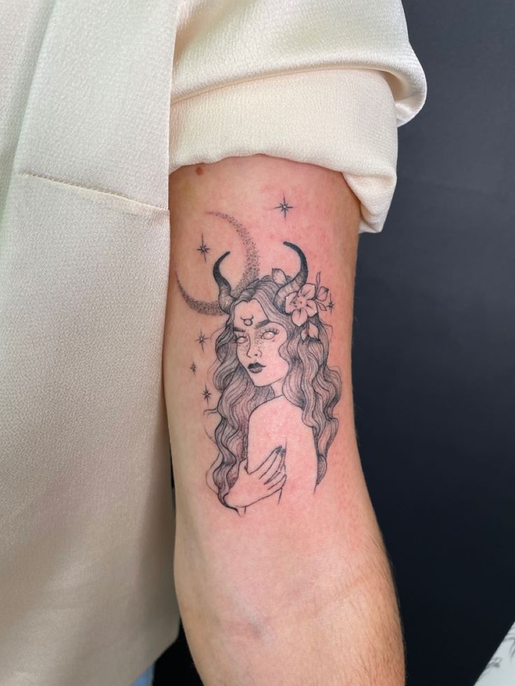 Taurus woman with horns tattoo Women Taurus Tattoo, Virgo And Aries Tattoo, Taurus Goddess Tattoos For Women, Taurus Women Tattoo, Aries Girl Tattoo, Taurus Woman Tattoo, Taurus Girl Tattoo, Witchy Back Tattoo, Powerful Women Tattoos Design