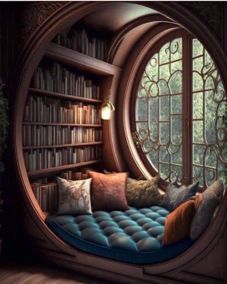 a room with bookshelves and a couch in front of a large round window