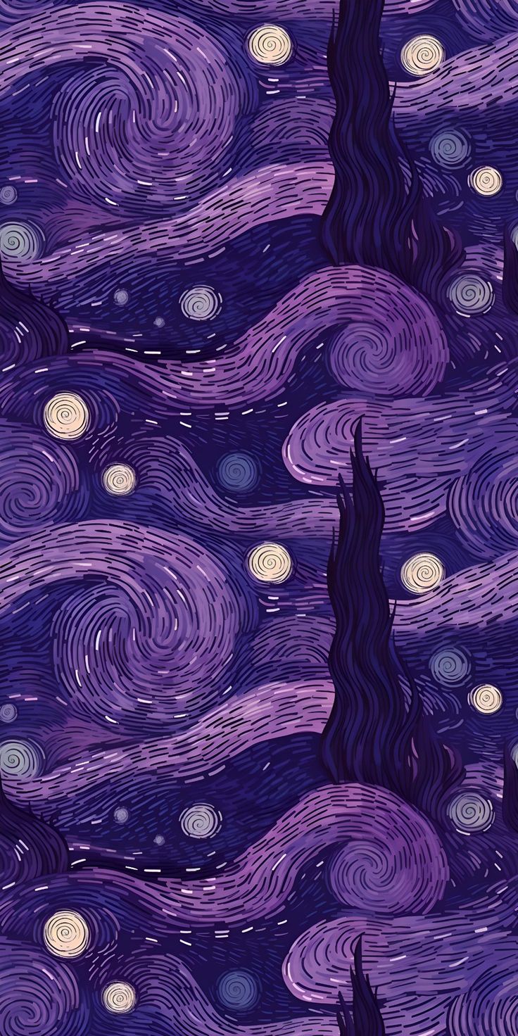 the night sky is full of stars and trees with purple swirls on them, as well as white dots