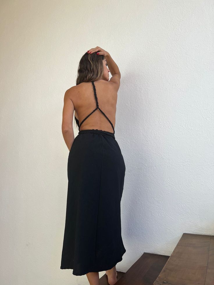 ALLE BOHO "NAOMI" Beach Maxi Dress, features a backless and twisted cotton braid as a detail on the back, Wear it as a bikini cover-up, or for an evening event, the fabric is very light and comfortable. This maxi dress is everything that you want for your next vacation. We are so proud to make Artisanal Clothing using only RAW Cotton that feels and looks very basic and natural. Our clothes do not only look natural and beautiful but they are also made in the most natural and beautiful way. Detail Backless Ruched Dress For Date Night, Backless Dress With Ruched Back For Night Out, Party Dress With Elastic Back And Backless Design, Backless Party Dresses With Elastic Back, Fitted Backless Dress With Low Back For Vacation, Fitted Backless Dress With Strappy Back For Beach, Backless Beachwear Maxi Dress For Night Out, Summer Backless Cross Back Dress For Night Out, Low Back Ruched Maxi Dress For Night Out