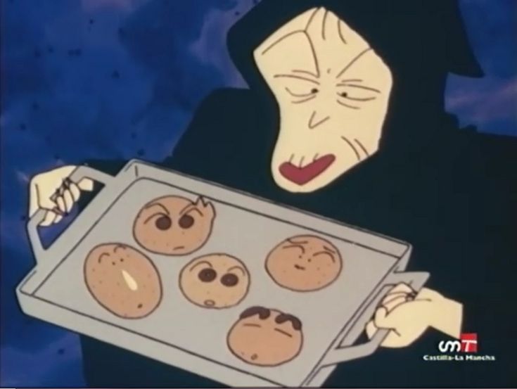 a cartoon character holding a tray with baked goods in it