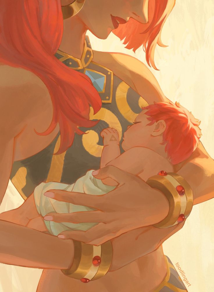 a painting of a woman holding a baby in her arms and breasting it's head