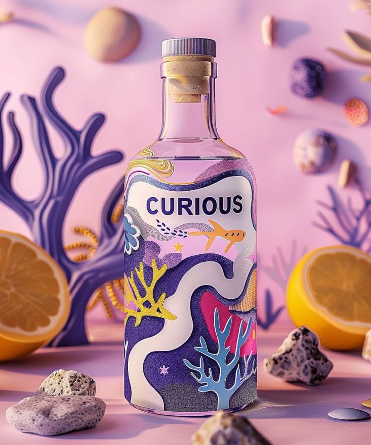 a bottle of curious gin is surrounded by rocks and lemons on a pink background