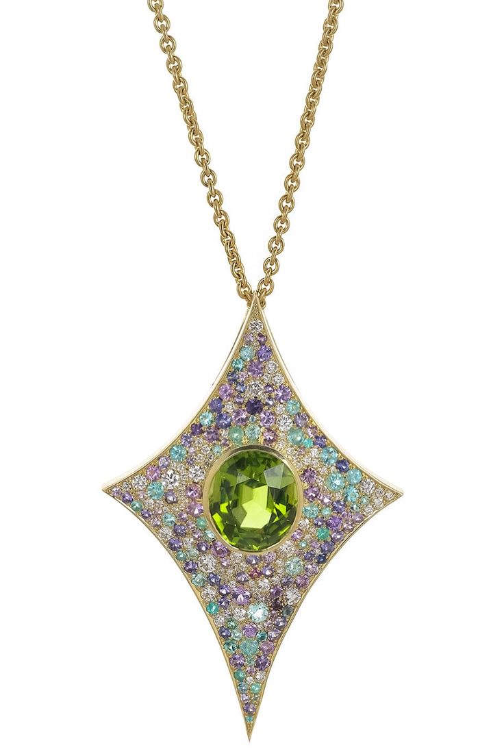 JARED LEHR-Peridot Kite Necklace-YELLOW GOLD Luxury Peridot Multi-stone Jewelry, Luxury Multi-stone Peridot Jewelry, Green Multi-stone Marquise Jewelry, Green Multi-stone Fine Jewelry Necklace, Fine Jewelry Green Multi-stone Necklace, Green Multi-stone Fine Jewelry Necklaces, Fine Jewelry Green Marquise Necklaces, Kite Necklace, Lux Jewelry