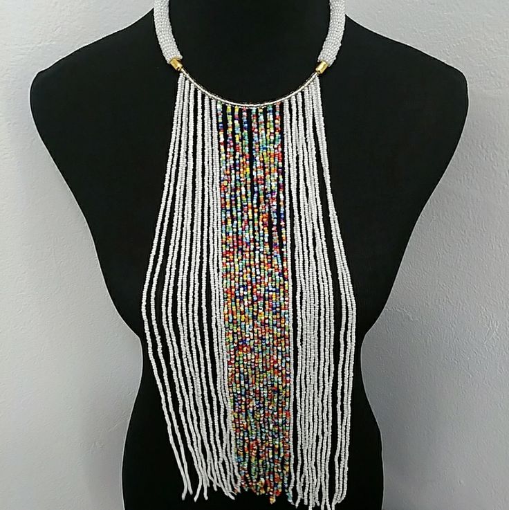 New Waterfall Handmade Beaded Long Necklace White And Other Colored Seed Beads Bohemian White Polished Beads, Bohemian White Necklaces With Dangling Beads, White Bohemian Necklaces With Dangling Beads, Bohemian White Beaded Necklaces With Dangling Beads, Colorful Beaded White Jewelry For Festivals, Bohemian White Necklace With Dangling Beads, White Necklaces With Dangling Round Beads, White Round Beaded Necklaces For Festival, White Bohemian Necklace With Dangling Beads