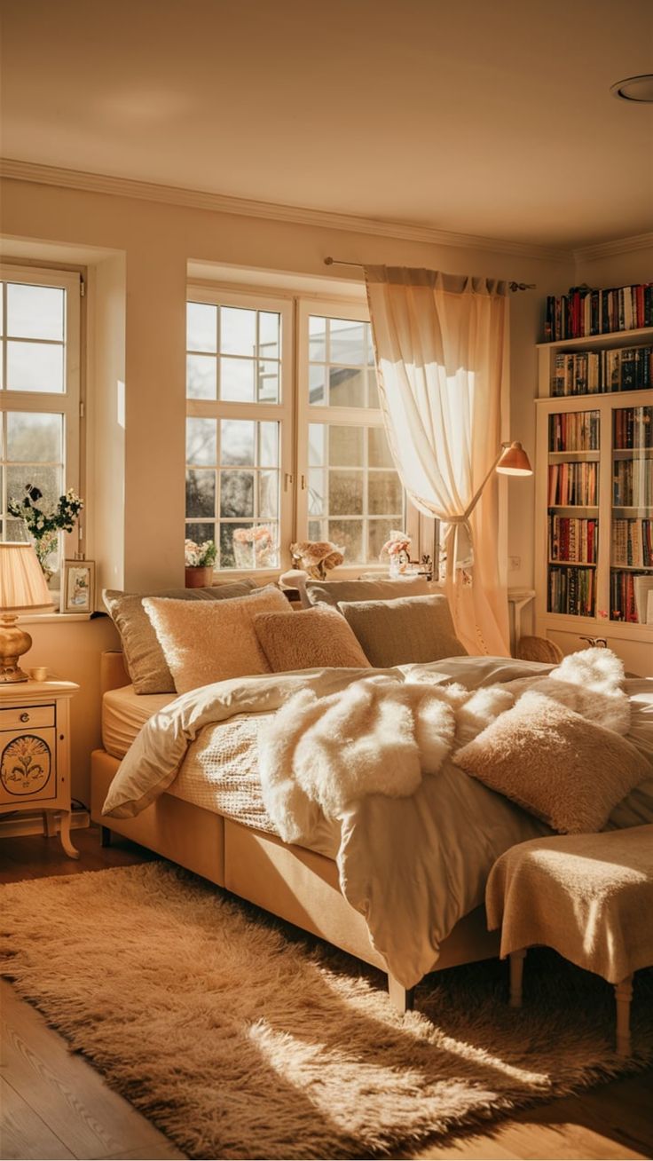 Cozy bedroom with a sunlit bed, fluffy blankets, a nightstand, and a bookshelf. Hygge Interior Design Bedroom, Cozy Cream Bedroom, Tidy Bedroom Aesthetic, Bed Cozy Aesthetic, Warm Cozy Room Aesthetic, Cozy Clean Bedroom, Cozy Feminine Bedroom, Neutral Color Palette Bedroom, Bedding Plush