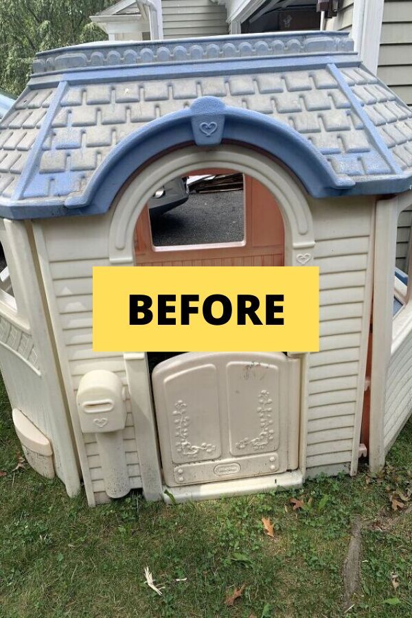 a dog house that has been painted white and blue with the words before written on it