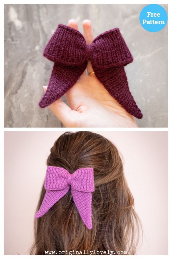 two pictures showing different types of knitted hair accessories and the same one with a bow on it