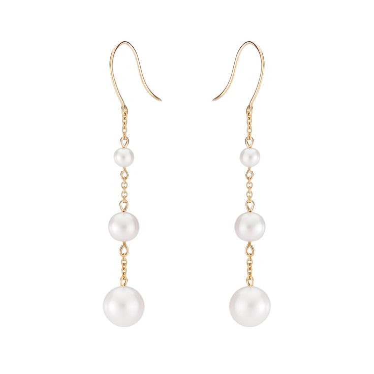 Prized for their beauty and elegance, these pearl chain earrings are a sophisticated addition to your wardrobe. With a subtle movement, these pearls are fit for any bridal or everyday sophisticated look. Elegant Round Pearl Earrings For Evening, Elegant Pearl Charm Chandelier Earrings, Elegant Pearl Charm Chandelier Dangle Earrings, Elegant Pearl Dangle Chandelier Earrings, Elegant Pearl Embellished Dangle Chandelier Earrings, Elegant Pearl Chandelier Dangle Earrings, Classic Yellow Gold Chandelier Earrings, Elegant Long Drop Linear Earrings, Classic White Chandelier Earrings For Formal Occasions