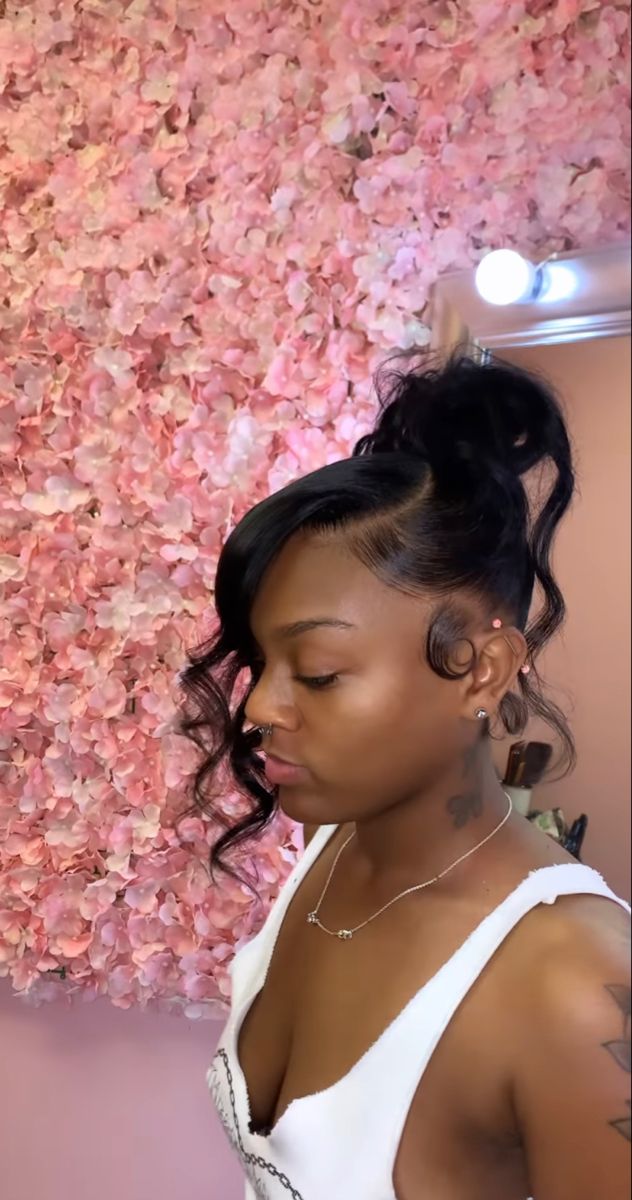 Swoop Bun Straight Hair, Side Bangs With Bun Black Women, Side Part Hairstyles For Black Women Bun, Heart Side Swoop Ponytail, Bun Updo With Bangs For Black Women, Bun With Curled Bangs Black Women, Swoop Into A Bun, Top Not Bun With Swoop, 2 Bangs Ponytail Weave