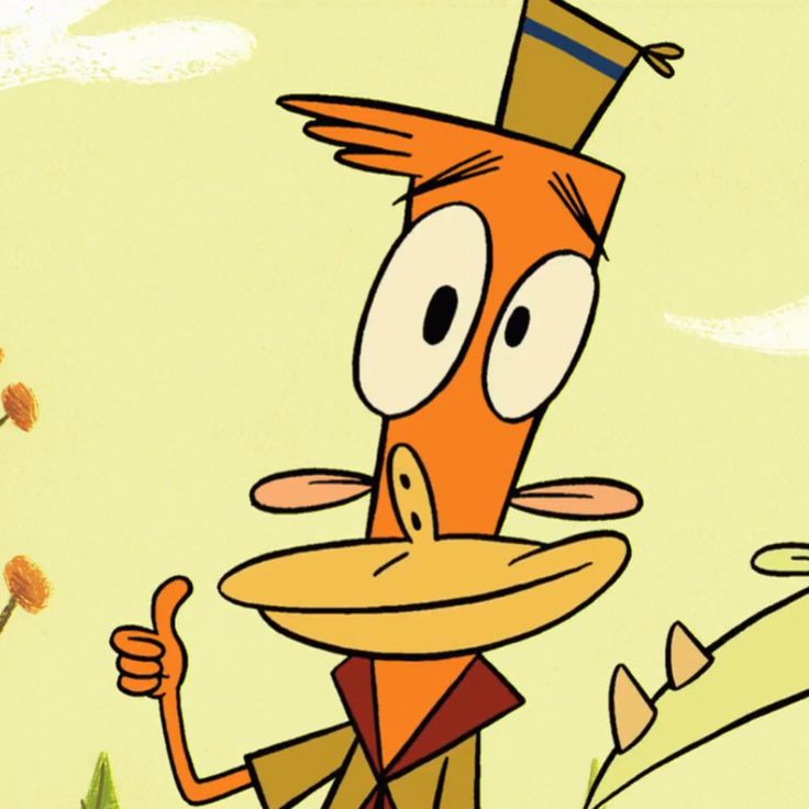 an orange cartoon character with a hat on his head