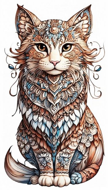 a drawing of a cat with intricate designs on it's face and chest, sitting down