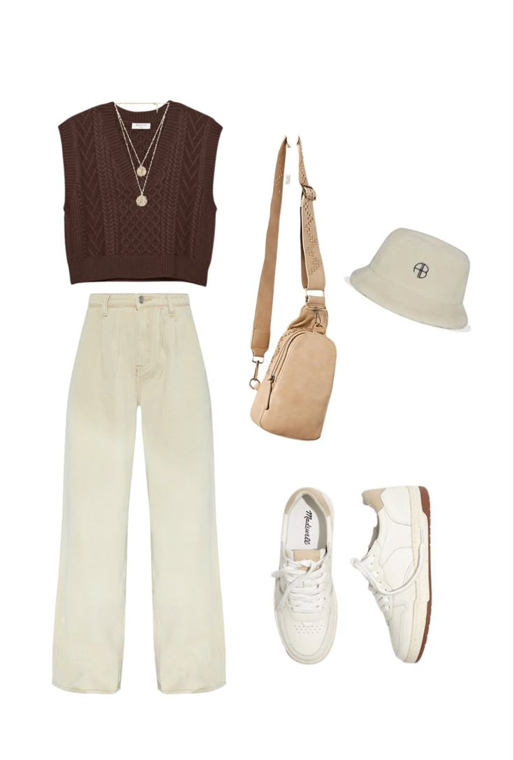 Cream Vest Outfit, Cream Trousers Outfit, Cream Jeans Outfit, Brown Vest Outfit, Cream Bucket Hat, Cream Pants Outfit, Beige Pants Outfit, Colored Pants Outfits, Corduroy Pants Outfit