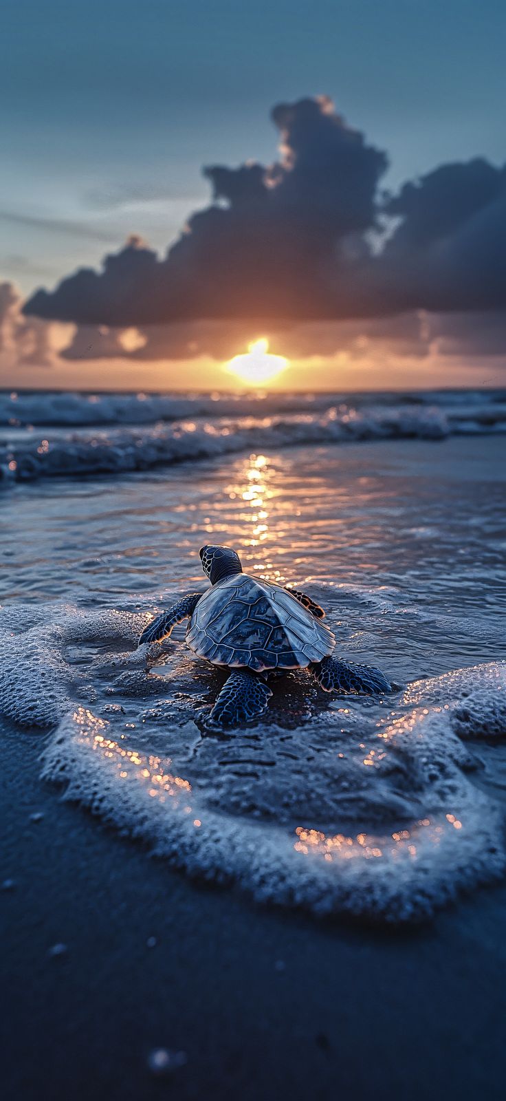 a turtle is swimming in the ocean at sunset