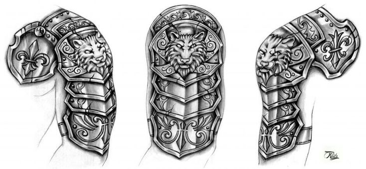 three different types of arm armor, one with an elaborate design and the other with intricate designs