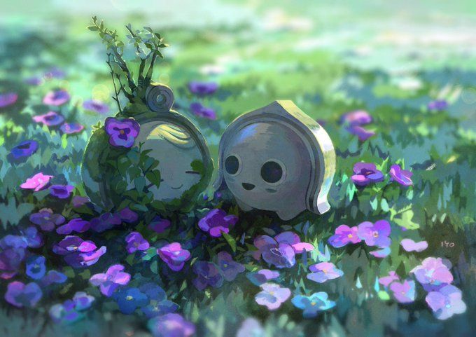 two cartoon characters are sitting in the middle of some purple flowers and plants, with one looking at the camera