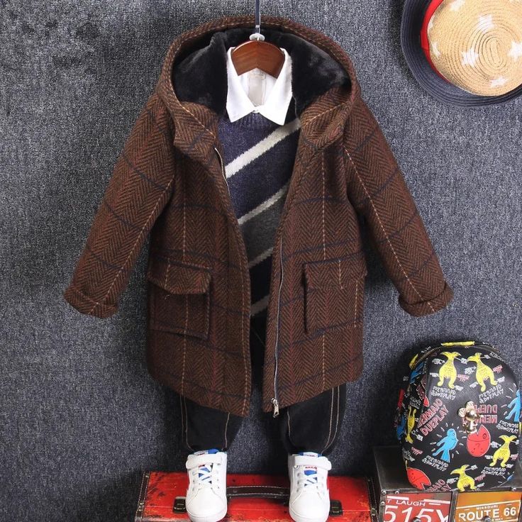 Boys Check Hooded Coat - Momorii Winter Plaid Hooded Jacket With Pockets, Plaid Hooded Jacket With Pockets For Winter, Winter Plaid Hooded Jacket For Outdoor, Plaid Hooded Jacket For Winter Outdoors, Winter Outdoor Plaid Hooded Jacket, Hooded Plaid Outerwear For Winter, Plaid Hooded Jacket For Winter, Classic Winter Hooded Jacket With Detachable Hood, Classic Winter Hooded Jacket With Double-lined Hood