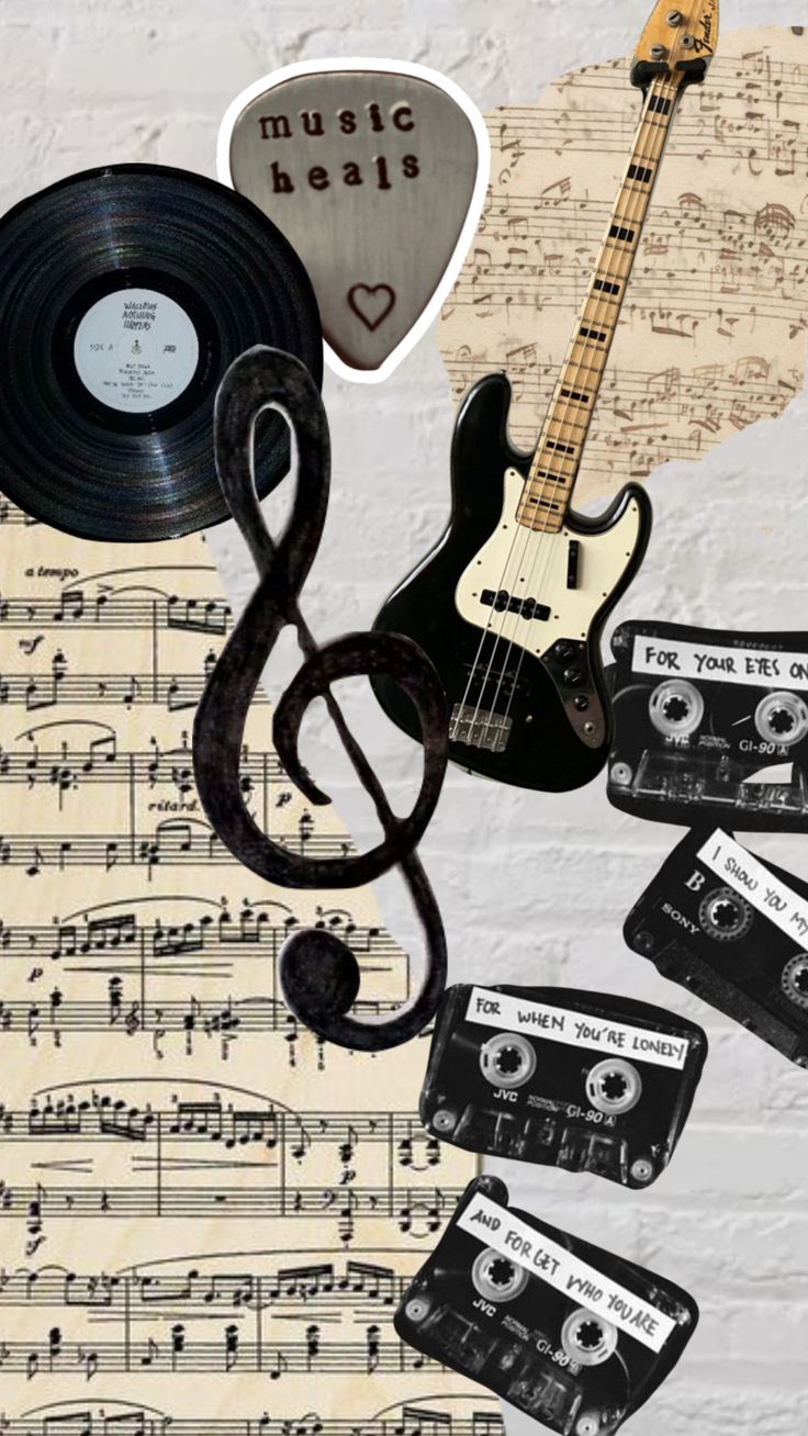 an image of musical instruments with music notes and old records on the wall behind them