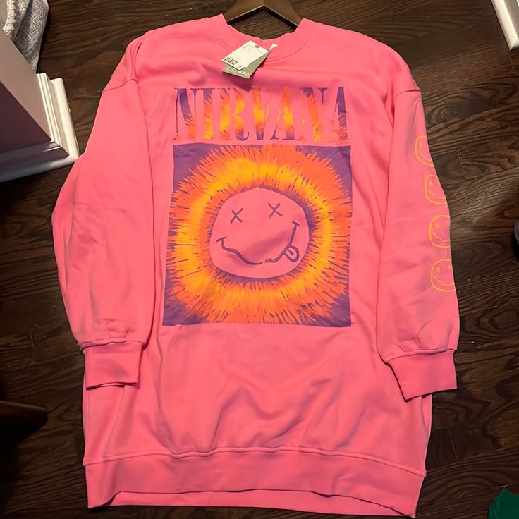 Pink Nirvana Oversized Sweatshirt . Pink Nirvana, Nirvana Sweatshirt, Turquoise Sweater, Green Turtleneck Sweater, Sparkly Sweater, Cozy Tops, Long Sleeve Pullover Sweater, Wrap Sweater, Chunky Knits Sweater