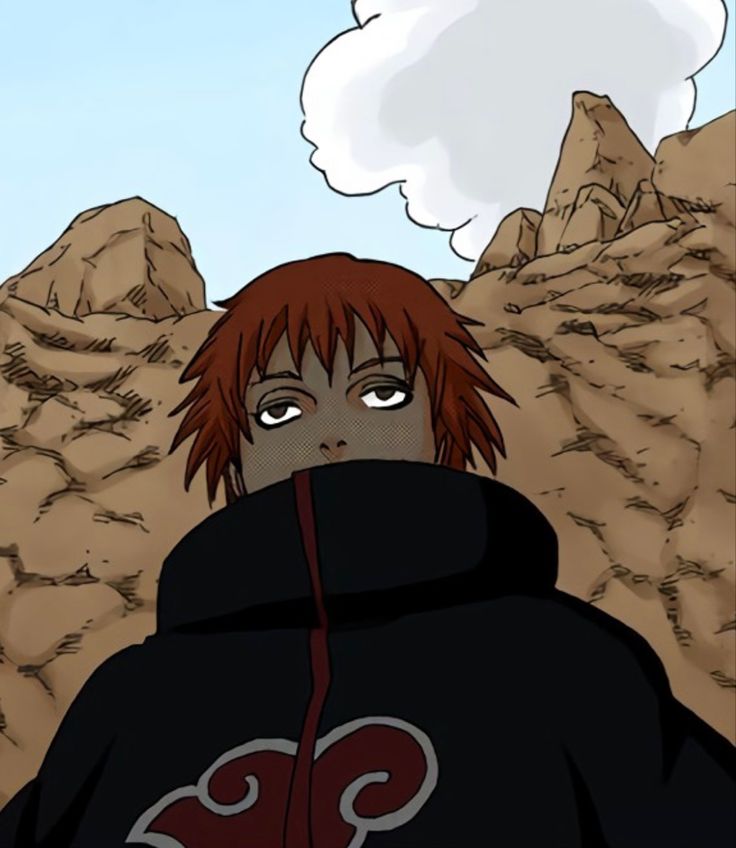 an anime character with red hair wearing a black hoodie and clouds in the background