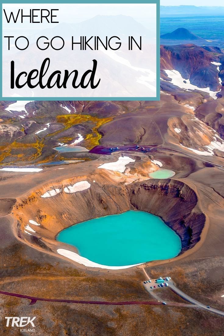 iceland with the words where to go hiking in iceland on it and an image of a lake