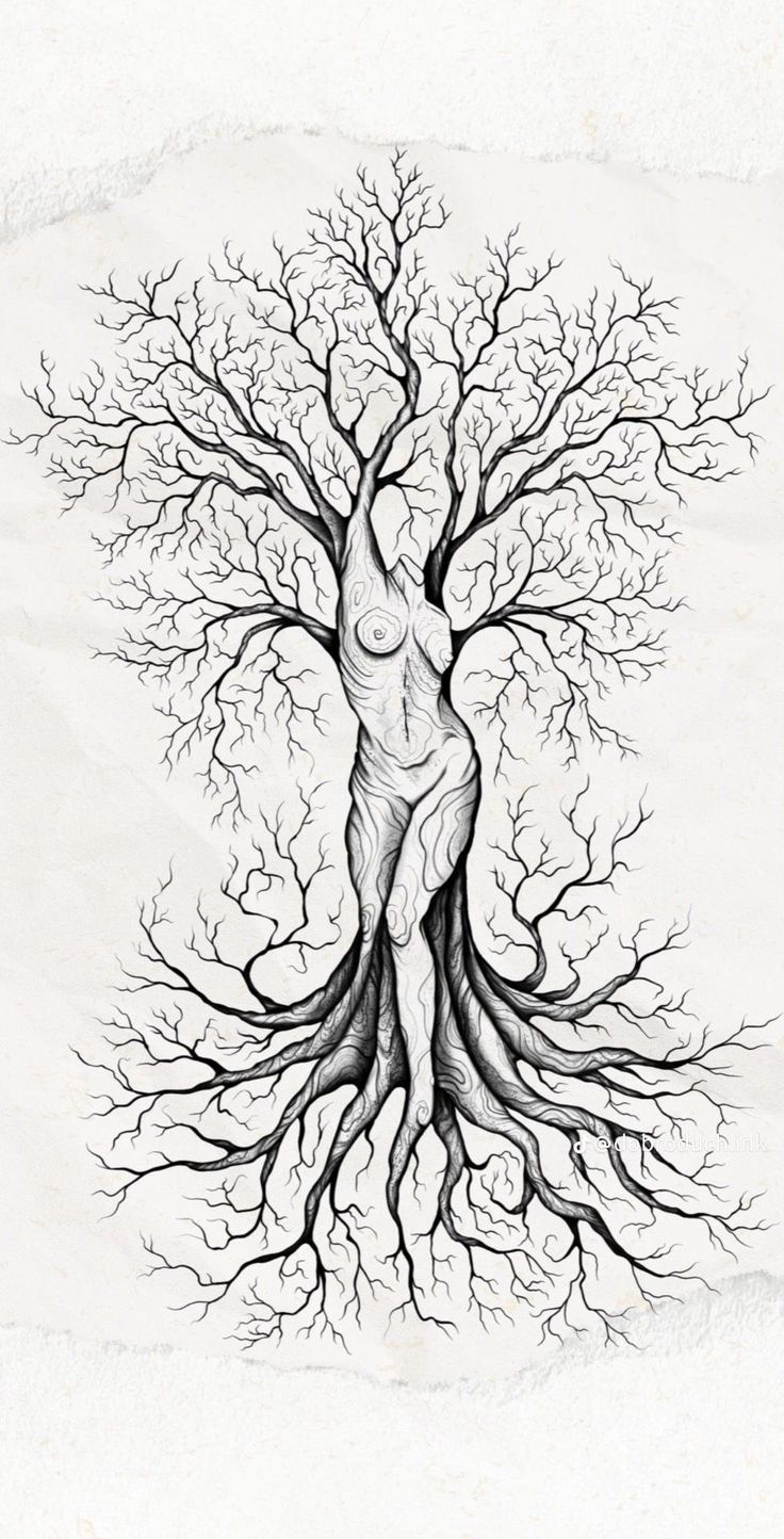 an ink drawing of a tree with its roots spread out to form a woman's body