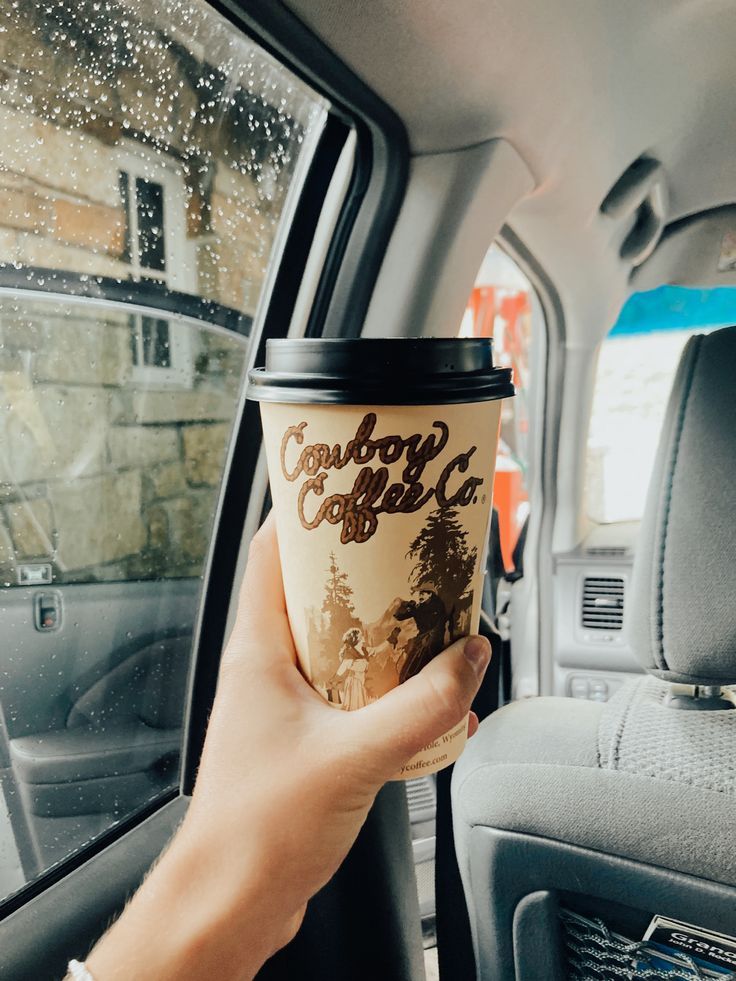 a person holding up a coffee cup in the back seat of a car