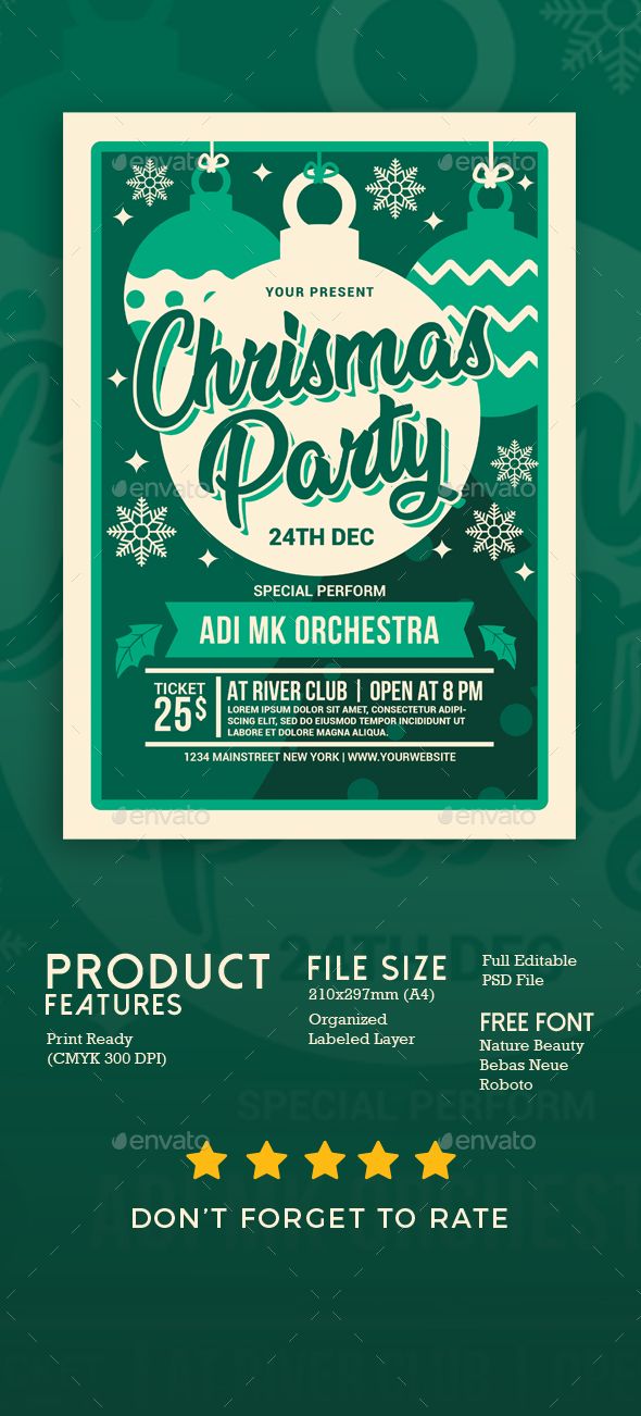 christmas party flyer template with green background and white lettering on the front, in two different colors