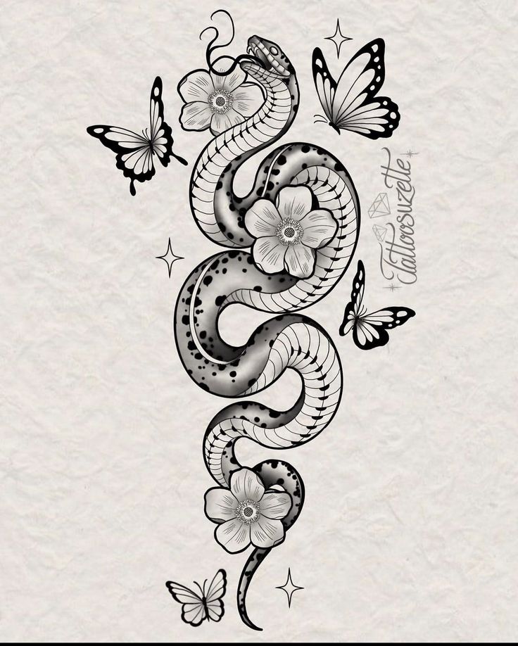 a snake with flowers and butterflies on it