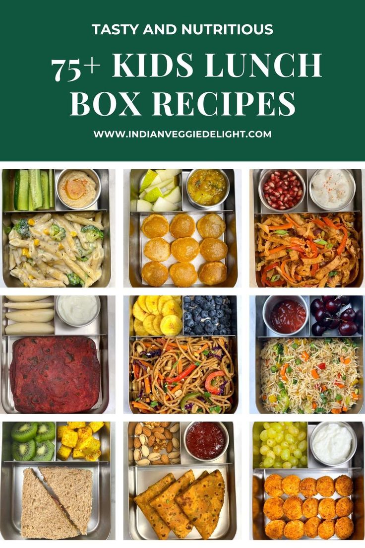 a box filled with lots of food and the words 75 + kids lunch box recipes