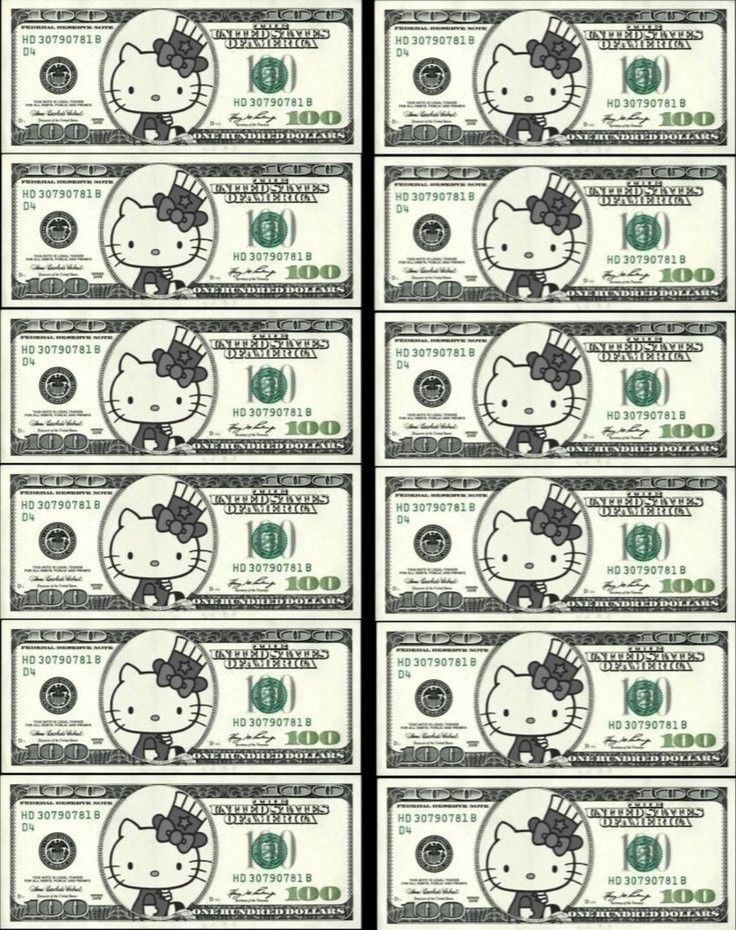 several stacks of one hundred dollar bills with hello kitty on them