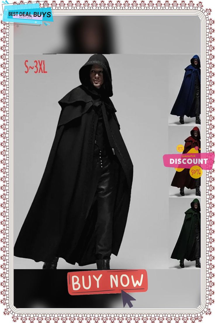 Halloween Party Gothic Men's Long Cloak Cloaks For Men, Hooded Fall Costume For Costume Party, Vampire Style Winter Party Outerwear, Hooded Halloween Costume Outerwear, Black Costumes For Fall Costume Party, Black Fall Costume For Costume Party, Black Costumes For Themed Winter Events, Black Winter Costumes For Fantasy Events, Gothic Costumes For Themed Events In Winter