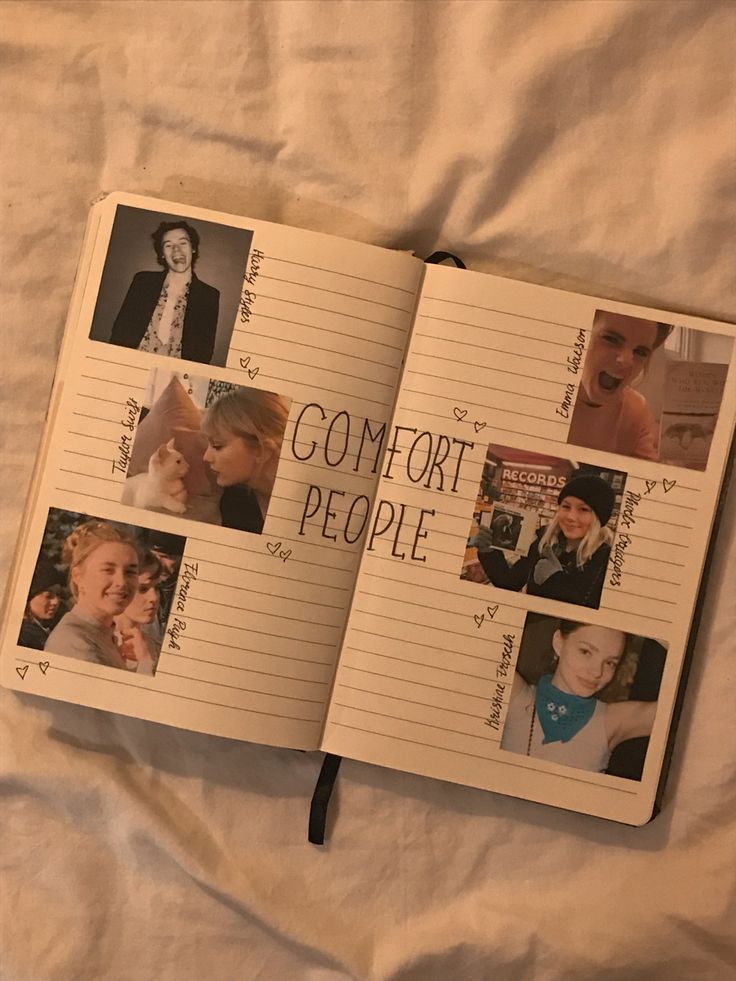 an open book with pictures of people on it and the words comfort people written in cursive writing