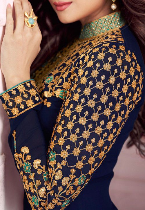 Embroidered Georgette Straight Suit in Navy Blue Semi-stitched Embroidered Blue Anarkali Set, Semi-stitched Blue Salwar Kameez With Intricate Embroidery, Blue Floor-length Salwar Kameez With Intricate Embroidery, Fitted Blue Unstitched Suit With Dupatta, Fitted Blue Anarkali Set With Resham Embroidery, Fitted Blue Salwar Kameez For Diwali, Elegant Blue Anarkali Set With Intricate Embroidery, Fitted Blue Sets With Intricate Embroidery, Blue Semi-stitched Churidar With Resham Embroidery