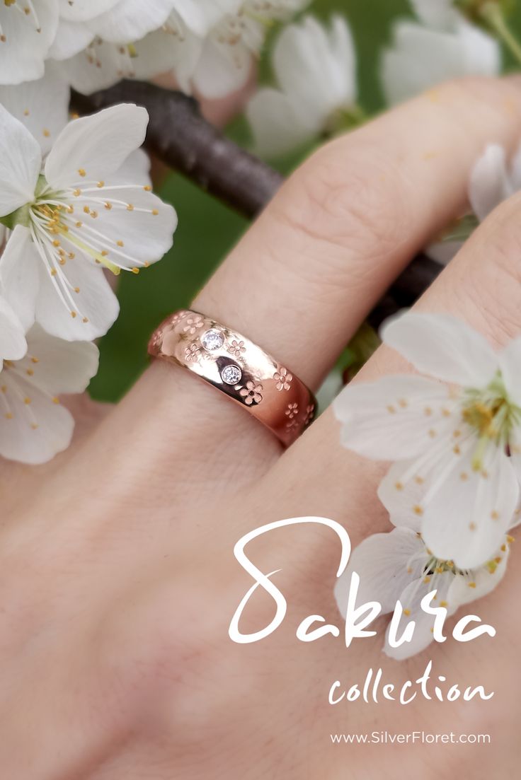 Infinity Cherry Blossoms and Diamonds Ring in Rose Gold. 6 diamonds are scattered around the band and surrounded with cherry blossoms. Gentle and feminine floral band.  #SakuraCollection #Ring #WeddingBand #UniqueWeddingBands #FlowerRing #DiamondBand #WeddingRings #RoseGold #Weddings #Floral #Flowers #Diamonds by @SilverFloret Cherry Blossom Ring Engagement, Cherry Blossom Wedding Ring, Cherry Blossom Wedding Dress, Sakura Aesthetic, Cherry Blossom Ring, Gold Jewelry Outfits, Cherry Blossom Wedding, Kawaii Things, Cute Engagement Rings