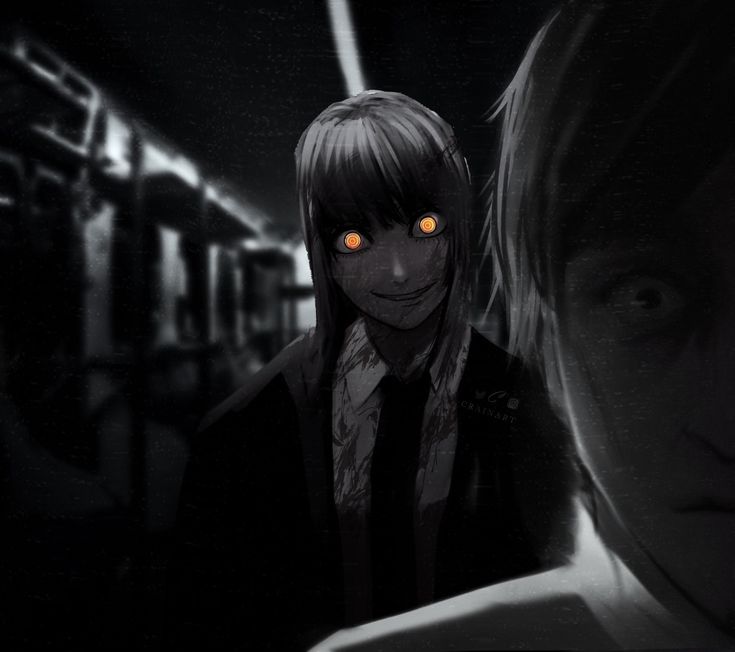 two people standing next to each other on a train platform at night with glowing eyes