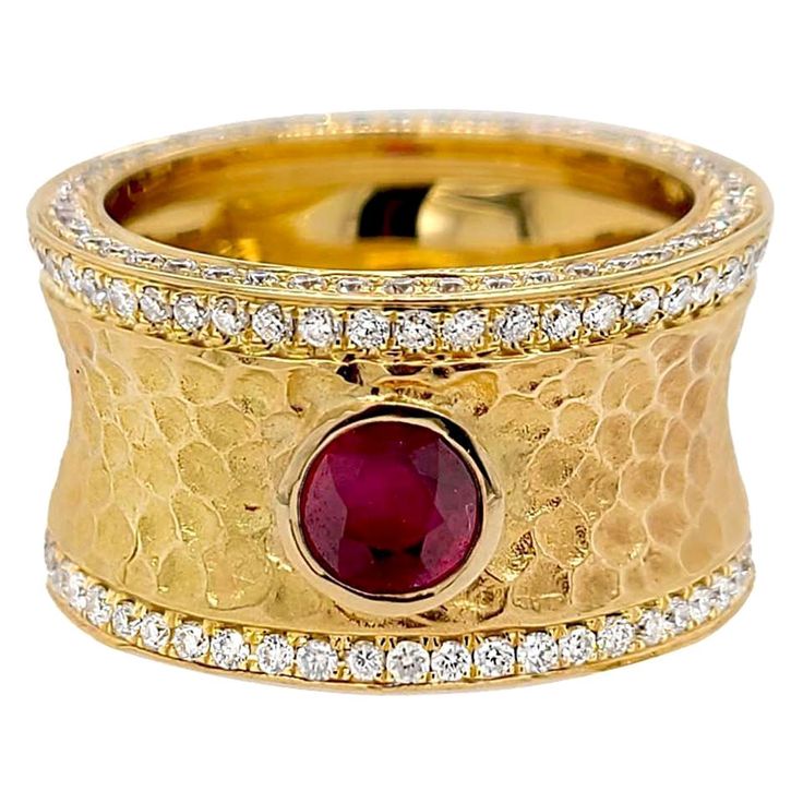 Produced by award winning Italian designer Stefano Vitolo. Stefano creates custom artisanal one of a kind jewelry with excellent gemstones in a truly old world Italian craftmanship. This handcrafted ring has 1.26 total carat weight of F/G color and VS clarity diamonds. Ruby 0.50 carat. Band width 12 mm. Available also in 18 Karat Yellow, White or Pink on request. Ring With Ruby, Modern Wedding Rings, Diamond Stacks, Hammered Band, Eternity Band Ring, Handcrafted Rings, Italian Designer, Ruby Ring, Vintage Diamond