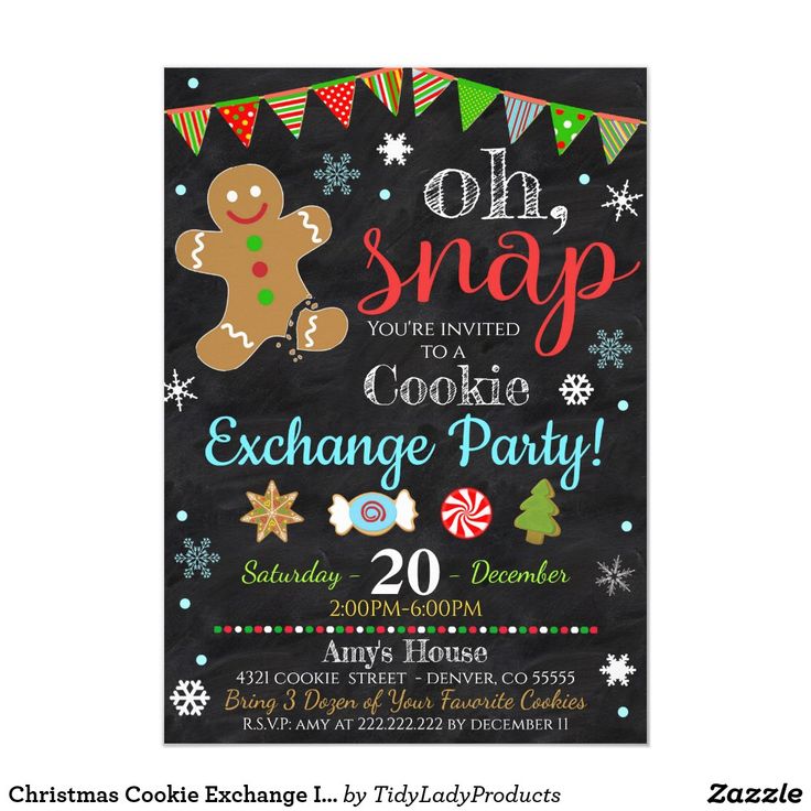 a chalkboard christmas party with a ginger cookie on the front and snowflakes on the back