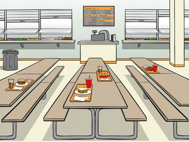 an empty cafeteria with long tables and food on the trays in front of them