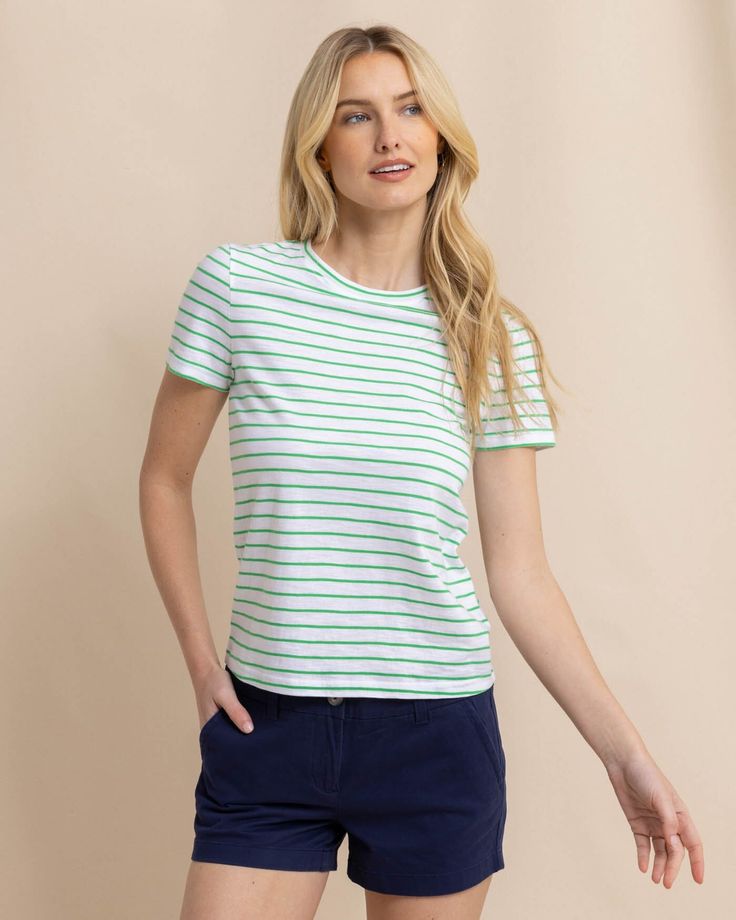 Coastal comfort is easy to achieve in a soft and standard striped tee. This soft cotton crew neck serves as the best base layer for an optimal oceanside outfit. Style: 10819 Summer Striped Hem Relaxed Fit T-shirt, Summer Relaxed Fit T-shirt With Striped Hem, Relaxed Fit Striped Hem T-shirt For Summer, Summer Short Sleeve T-shirt With Striped Hem, Relaxed Fit Crew Neck T-shirt With Horizontal Stripes, Spring Horizontal Stripe T-shirt For Everyday, Spring Horizontal Stripe T-shirt, Spring Everyday Horizontal Stripe T-shirt, Spring Everyday T-shirt With Horizontal Stripes