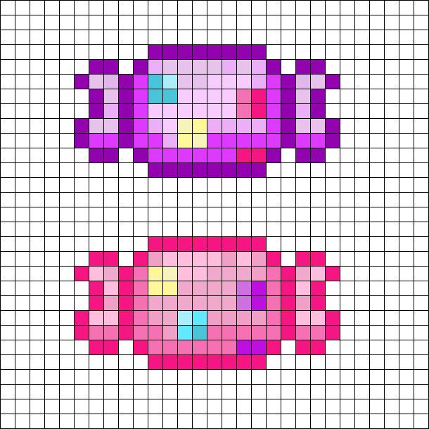 a cross stitch pattern with pink and purple coffee mugs on the front, one is blue