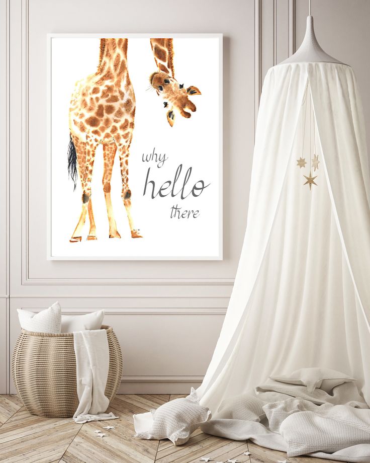 a giraffe standing next to a white canvas with the words hello there on it