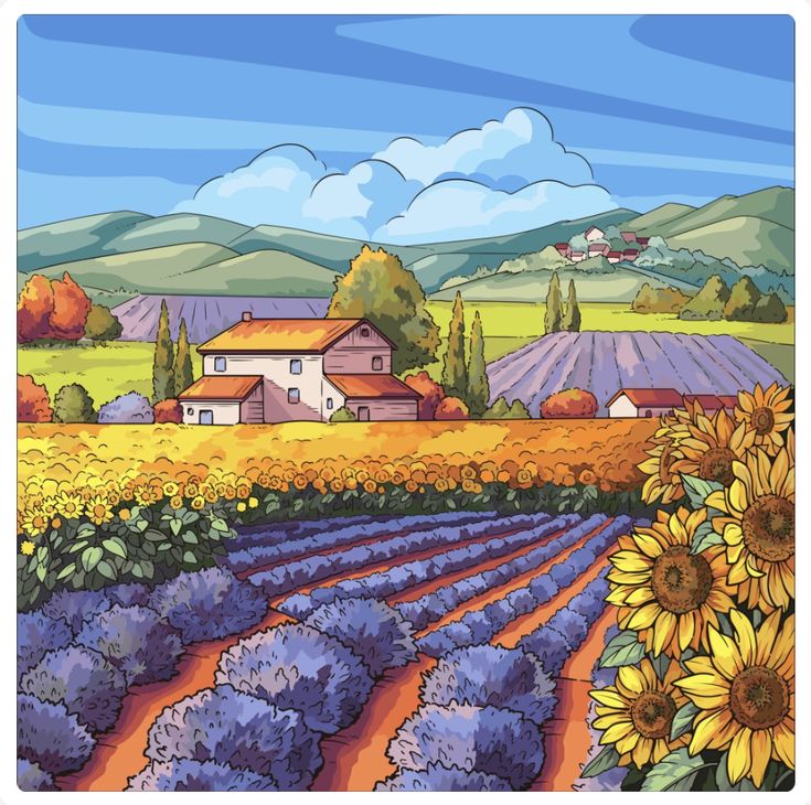 a painting of a farm with sunflowers in the foreground and a house in the background