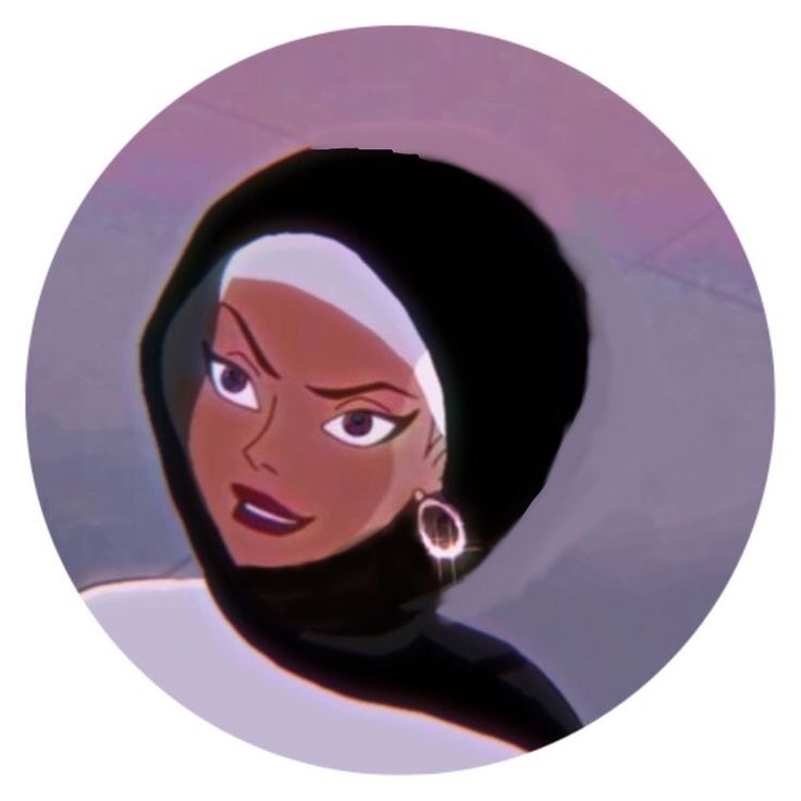 an animated image of a woman with blue eyes and black hair wearing a headscarf